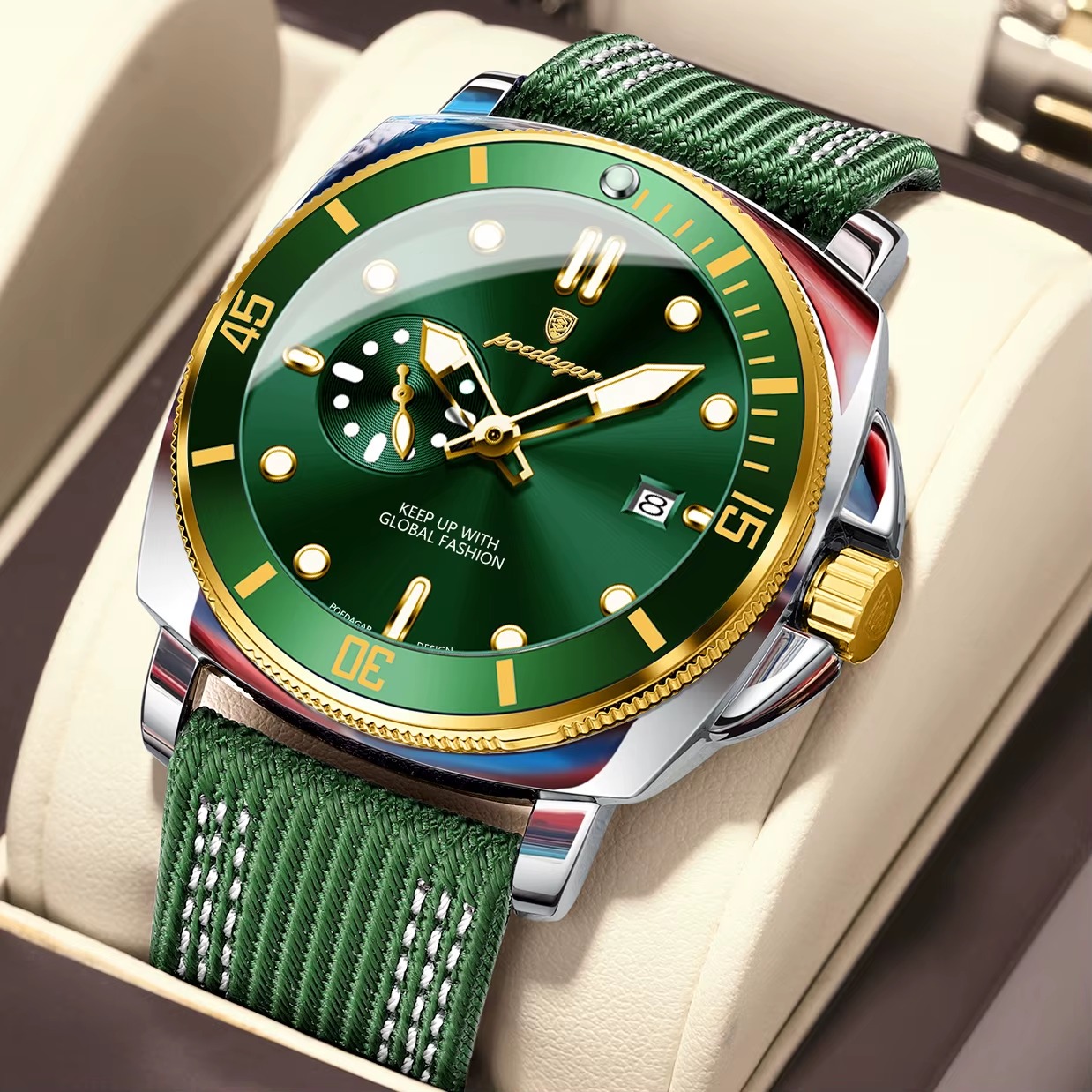 ساعت مردانه پوداگار POEDAGAR 873L سبز-طلایی-سبز | بند برزنتی | زیرثانیه | تقویم روزشمار | اورجینال